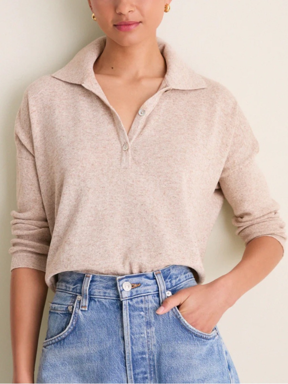 Tuckernuck Tan Clayton Long Sleeve Knit Polo XS/S Tencel Linen Blend